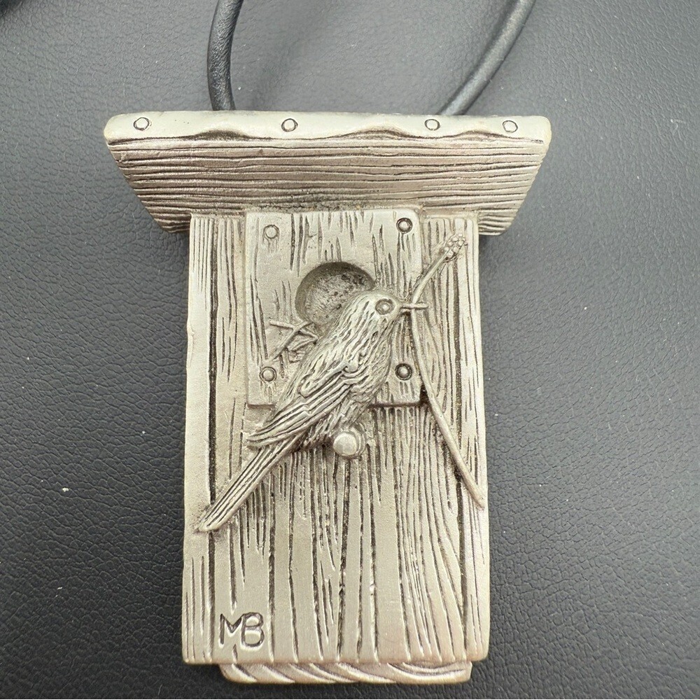 Pewter Birdhouse Pendant Necklace - Vintage Hallmark Signed MB